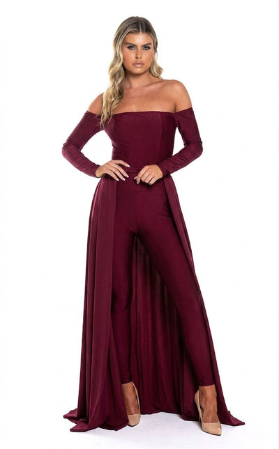 Off Shoulder Long-Sleeve Evening Jumpsuit with Open Lace-Up Back by Jessica Angel 877