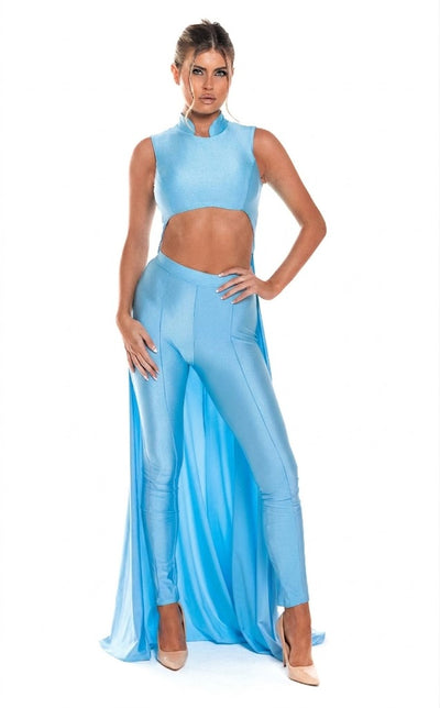 Sleeveless High Neck Cut-Out Jumpsuit with Chiffon Train Fitted Evening Outfit by Jessica Angel 863
