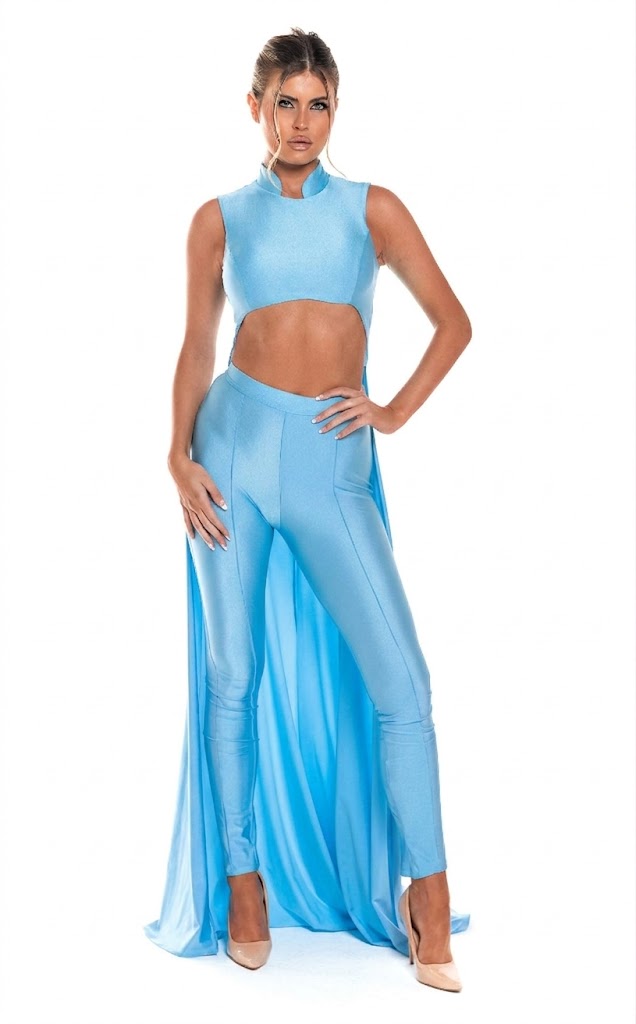 Sleeveless High Neck Cut-Out Jumpsuit with Chiffon Train Fitted Evening Outfit by Jessica Angel 863