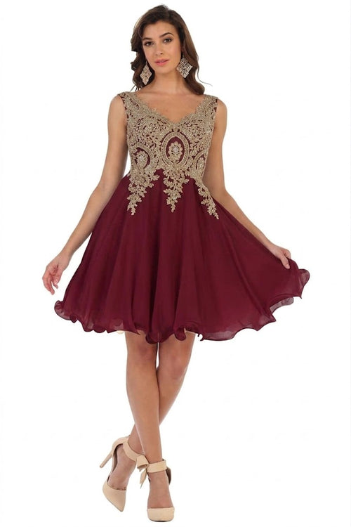 Vestido de cóctel de graduación con corte en A y adornos May Queen MQ1417