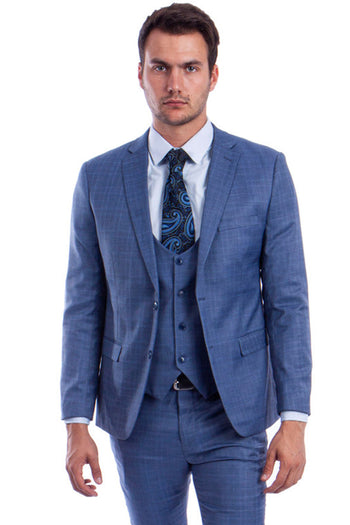 Traje ajustado de dos botones con chaleco de corte bajo para hombre en cuadros azules