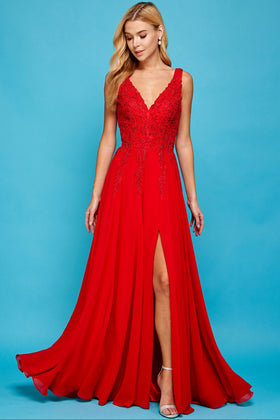 Adora 3003 A-Line Chiffon Applique Slit Long Formal Prom Dress