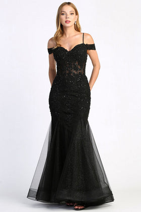 Adora Design 3005 Off Shoulder Beaded Lace Corset Prom Gown