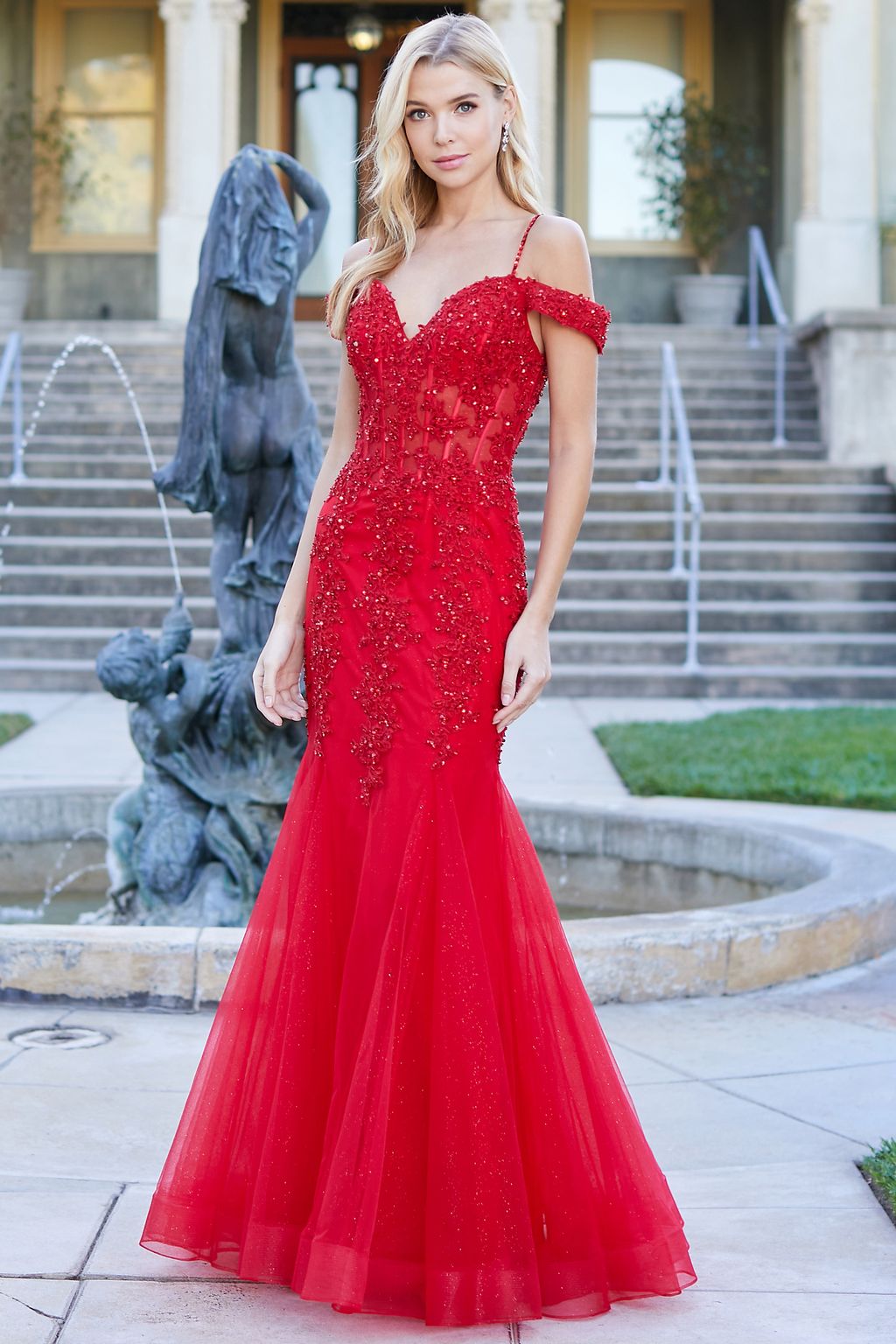 Prom Dresses Long Beaded Lace Formal Corset Prom Dress Red