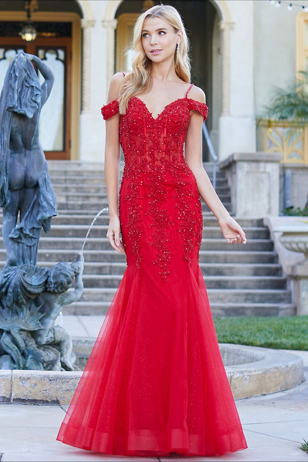 Prom Dresses Long Beaded Lace Formal Corset Prom Dress Red