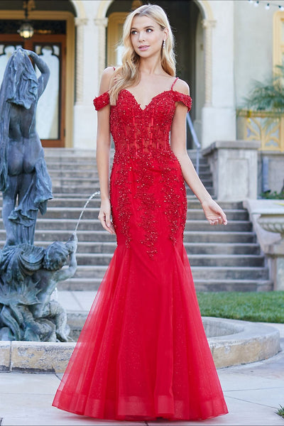 Prom Dresses Long Beaded Lace Formal Corset Prom Dress Red