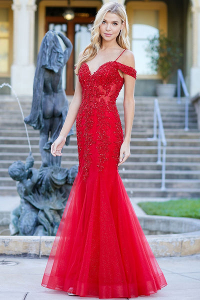 Prom Dresses Long Beaded Lace Formal Corset Prom Dress Red