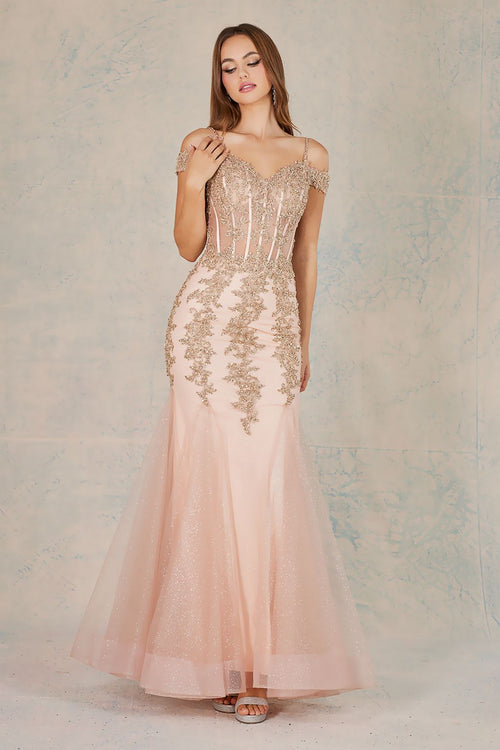 Prom Dresses Long Beaded Lace Formal Corset Prom Dress Rose Gold