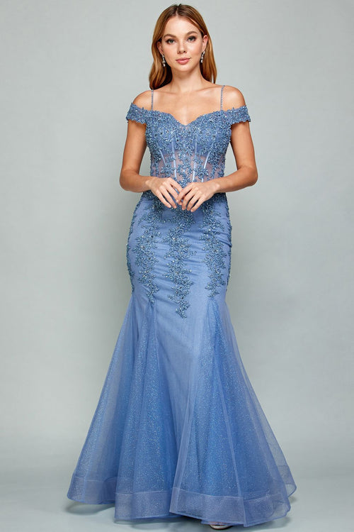 Prom Dresses Long Beaded Lace Formal Corset Prom Dress Slate Blue