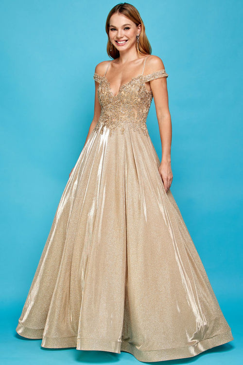 Prom Dresses Glitter Long A Line Metallic Lace Applique Prom Dress Rose