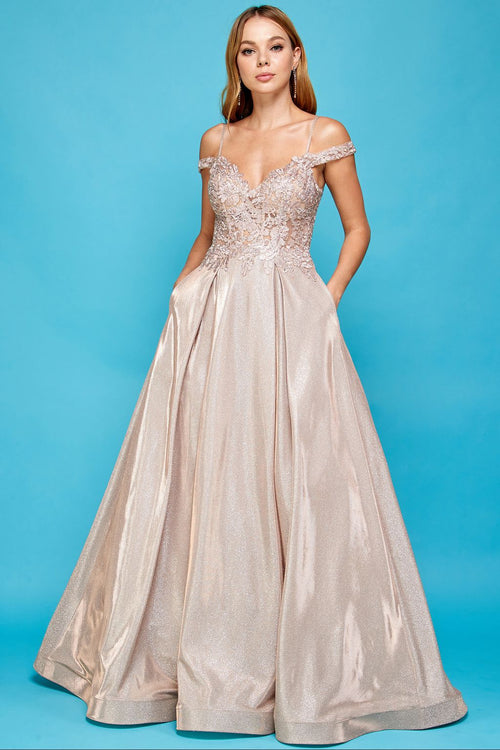 Adora Design 3007 Off Shoulder Glitter Metallic A Line Prom Dress