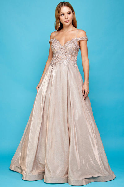 Prom Dresses Glitter Long A Line Metallic Lace Applique Prom Dress Rose