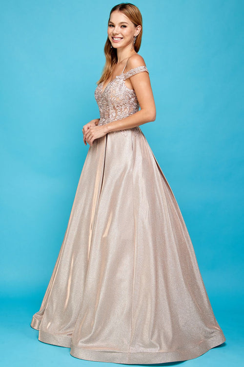 Prom Dresses Glitter Long A Line Metallic Lace Applique Prom Dress Rose