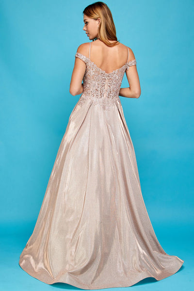 Prom Dresses Glitter Long A Line Metallic Lace Applique Prom Dress Rose