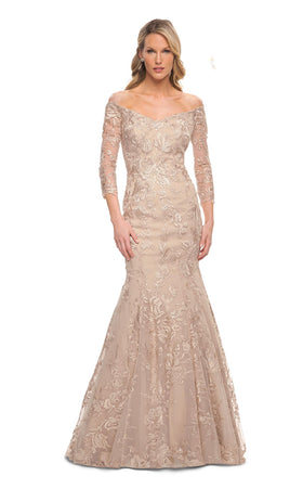 La Femme 30164C Lace Beaded Embroidered V Neck Prom Dress