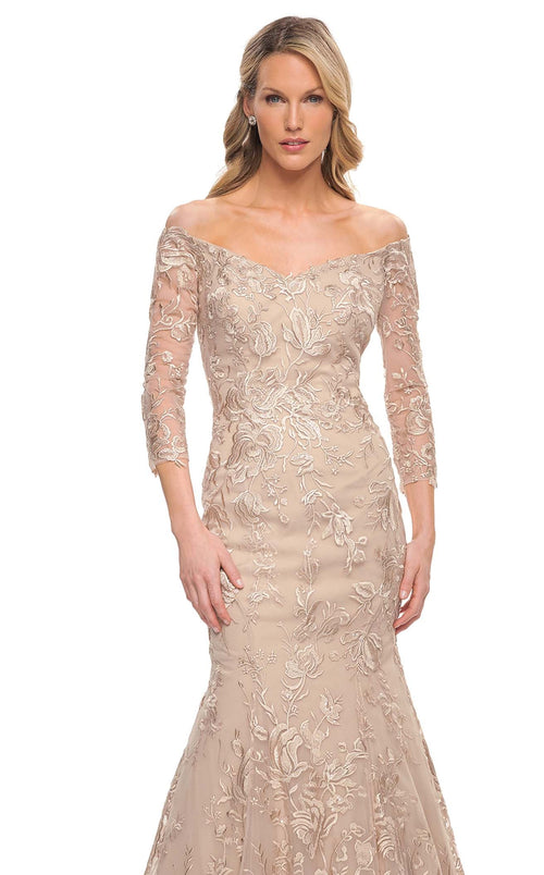 La Femme 30164C Lace Beaded Embroidered V Neck Prom Dress