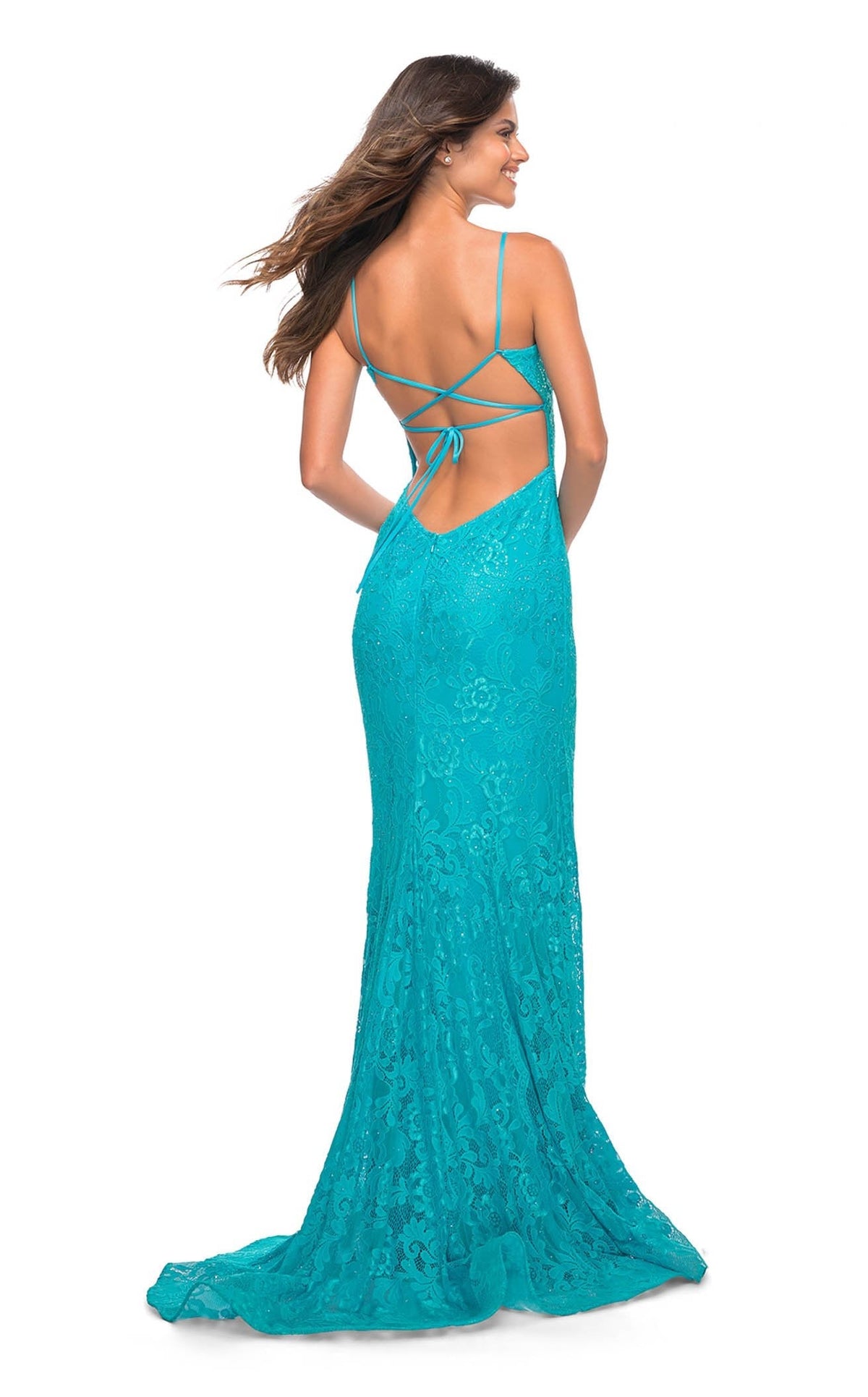 La Femme 30171C Lace Corset Open Back V Neck Prom Dress