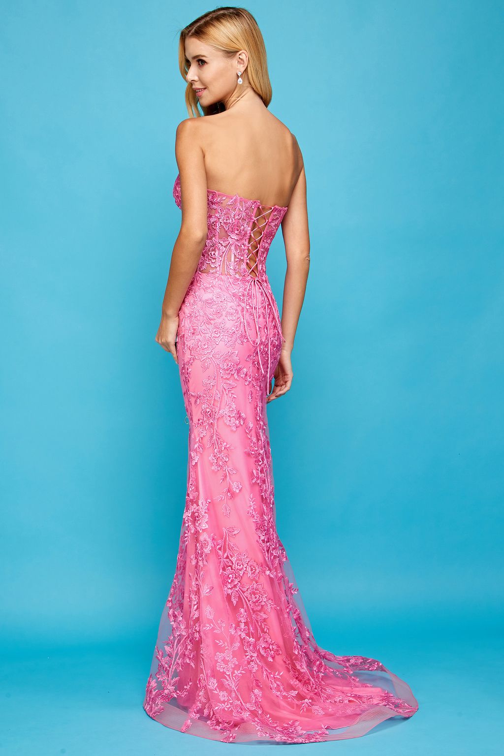 Prom Dresses Beaded Long Formal Lace Prom Dress Pink