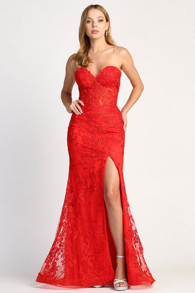 Prom Dresses Beaded Long Formal Lace Prom Dress Red