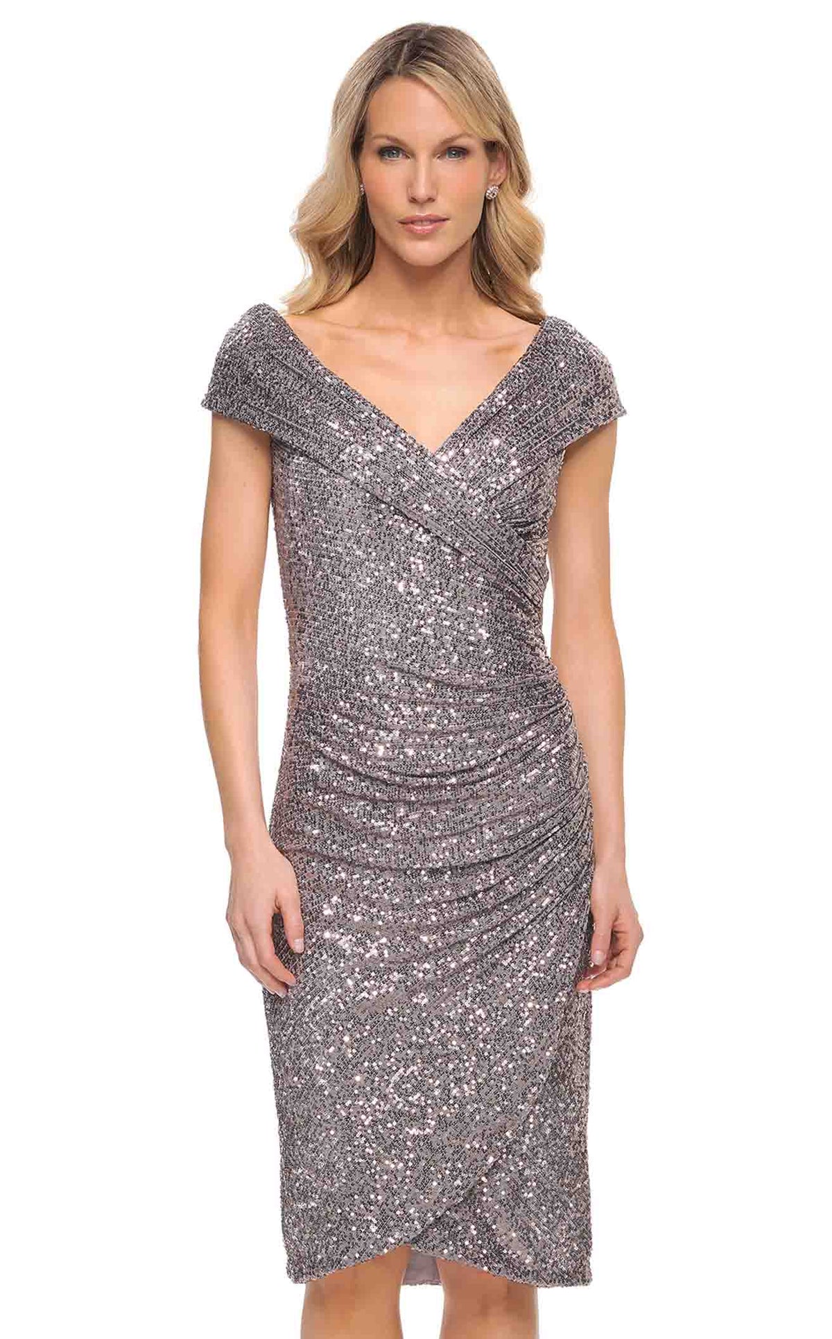 La Femme 30323C Ruched Slit V Neck Short Sleeves Formal Dress