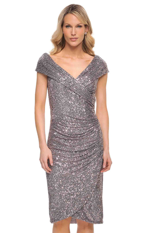 La Femme 30323C Ruched Slit V Neck Short Sleeves Formal Dress