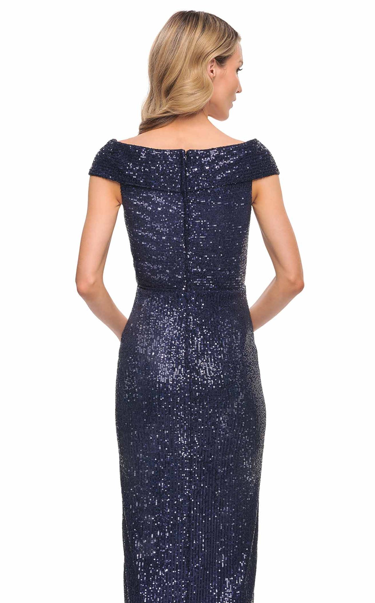 La Femme 30326C Ruched Slit Metallic V Neck Prom Dress