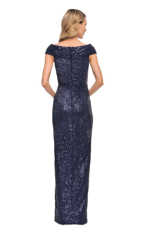 La Femme 30326C Ruched Slit Metallic V Neck Prom Dress