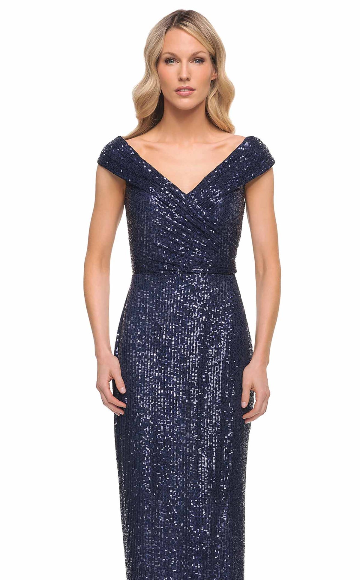 La Femme 30326C Ruched Slit Metallic V Neck Prom Dress
