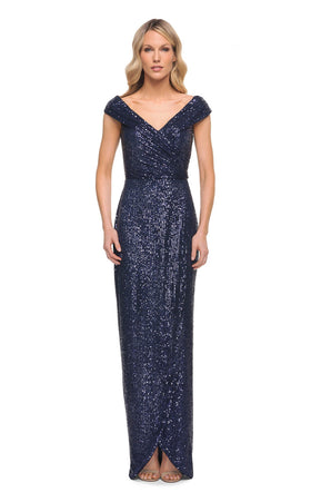La Femme 30326C Ruched Slit Metallic V Neck Prom Dress