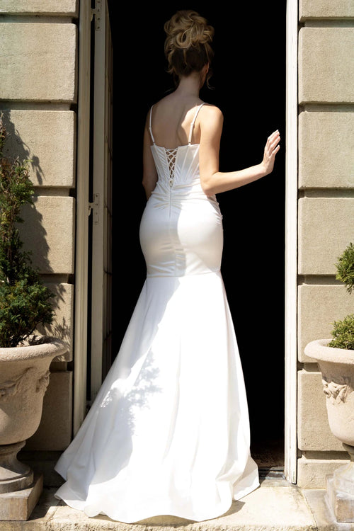 Ivory Satin Trumpet Wedding Dress with Sweetheart Neckline Lace-Up Back & Train by Lenovia 8455