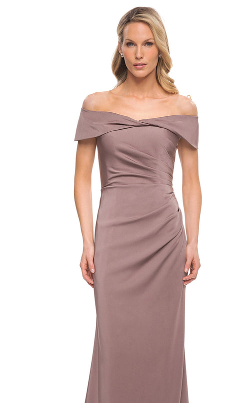 La Femme 30397C Slit Off the Shoulder Short Sleeves Sheath Prom Dress