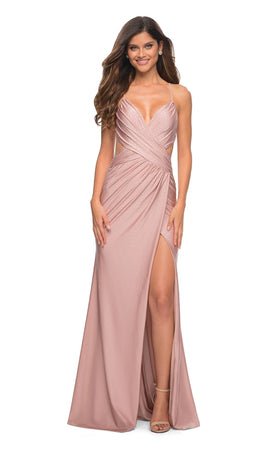 La Femme 30504C Slit Train Metallic Sweetheart Prom Dress