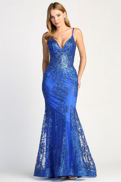 Prom Dresses Mermaid Long Formal Glitter Applique Prom Dress Royal Blue