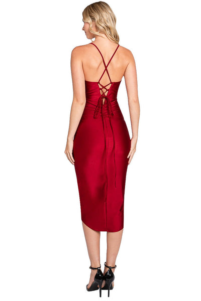 Lenovia 3062 Ruched Bodycon V-Neck Shiny Venus Midi Dress