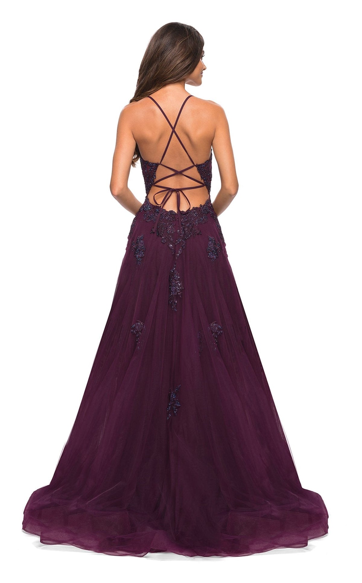 La Femme 30560C Tulle Beaded Lace Applique V Neck Prom Dress