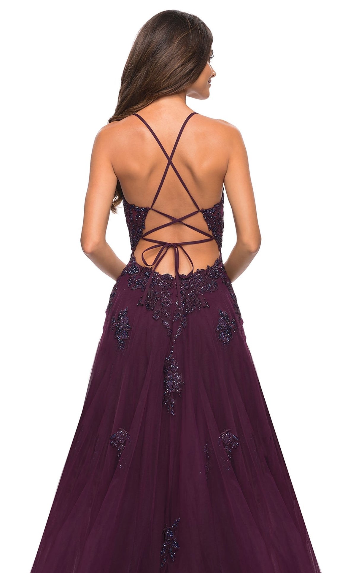 La Femme 30560C Tulle Beaded Lace Applique V Neck Prom Dress