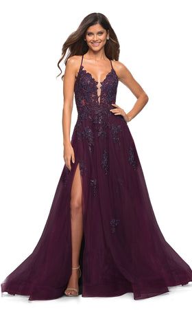 La Femme 30560C Tulle Beaded Lace Applique V Neck Prom Dress