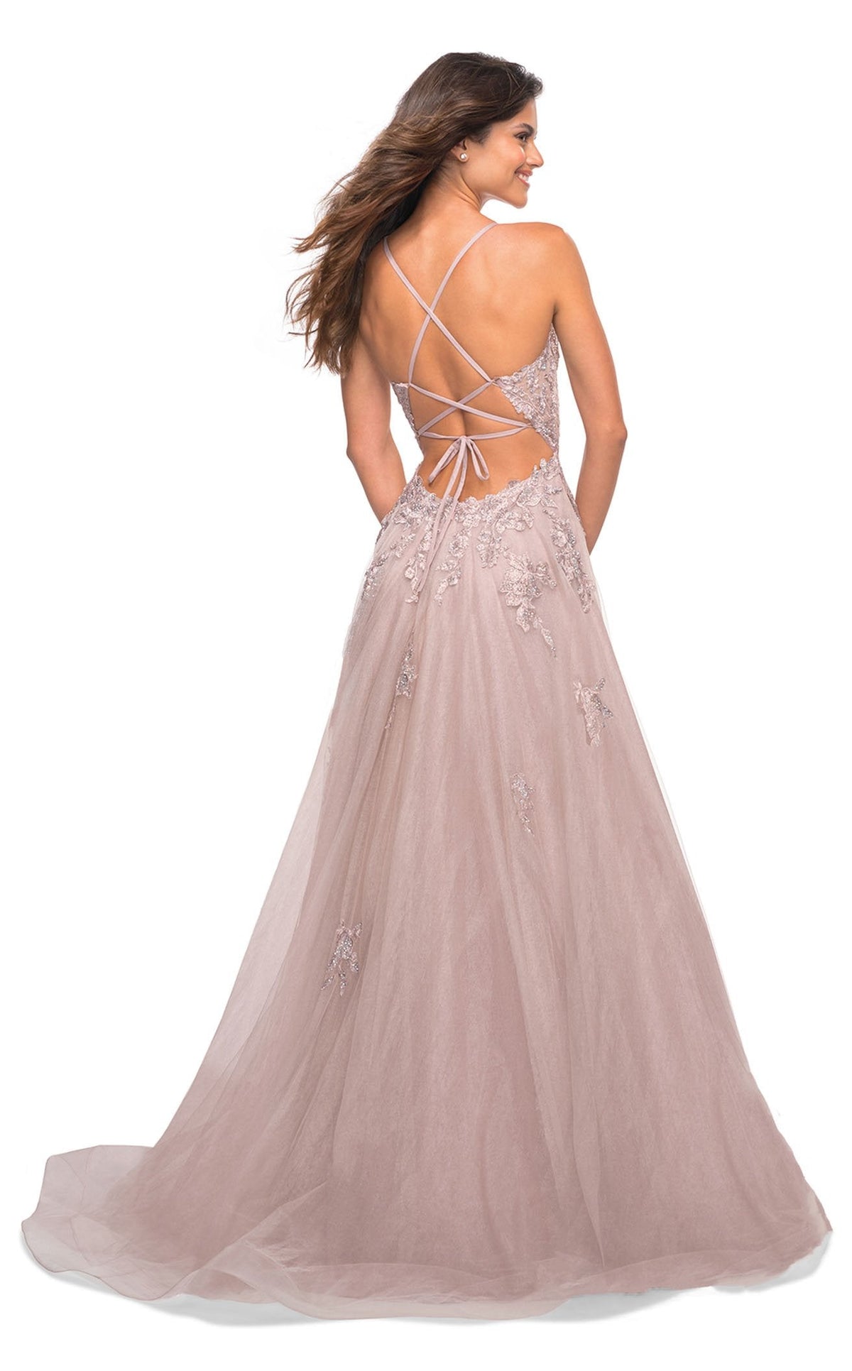 La Femme 30560C Tulle Beaded Lace Applique V Neck Prom Dress