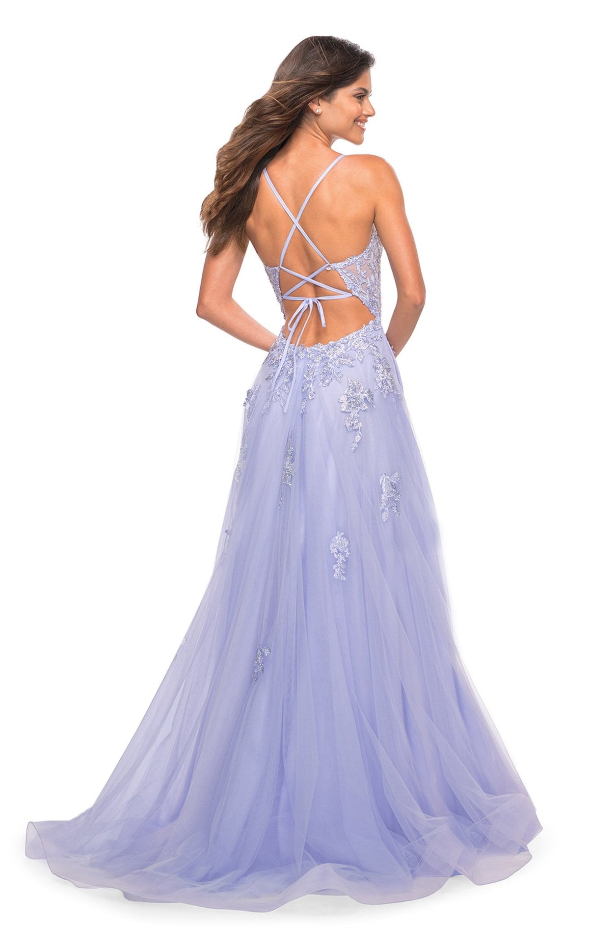 La Femme 30560C Tulle Beaded Lace Applique V Neck Prom Dress