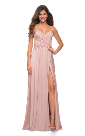 La Femme 30571C Jersey Ruched Open Back V Neck Prom Dress