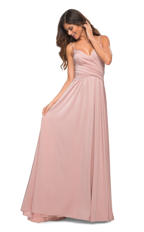 La Femme 30571C Jersey Ruched Open Back V Neck Prom Dress