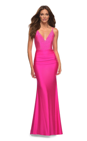 La Femme 30601C Lace Beaded Ruched V Neck Prom Dress