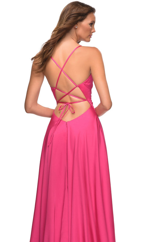 La Femme 30616C Jersey Slit Train V Neck Prom Dress