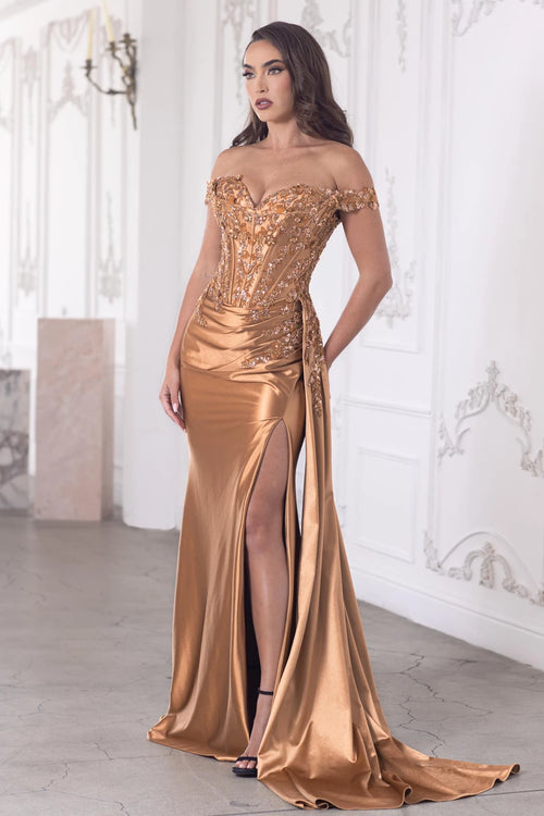 Lenovia 8397 Off Shoulder Sateen Dress with Applique and Slit