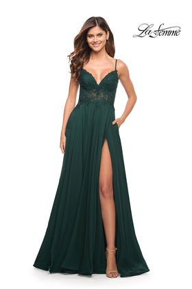 La Femme 30639 Floor-Length Plunging V-Neck Embroidered Lace Prom Dress with Side Slit