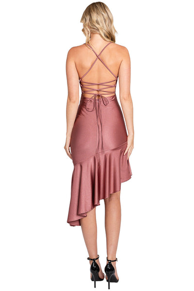 Lenovia 3064 Sculpted Cowl Neck Asymmetric Midi Dress in Shiny Venus