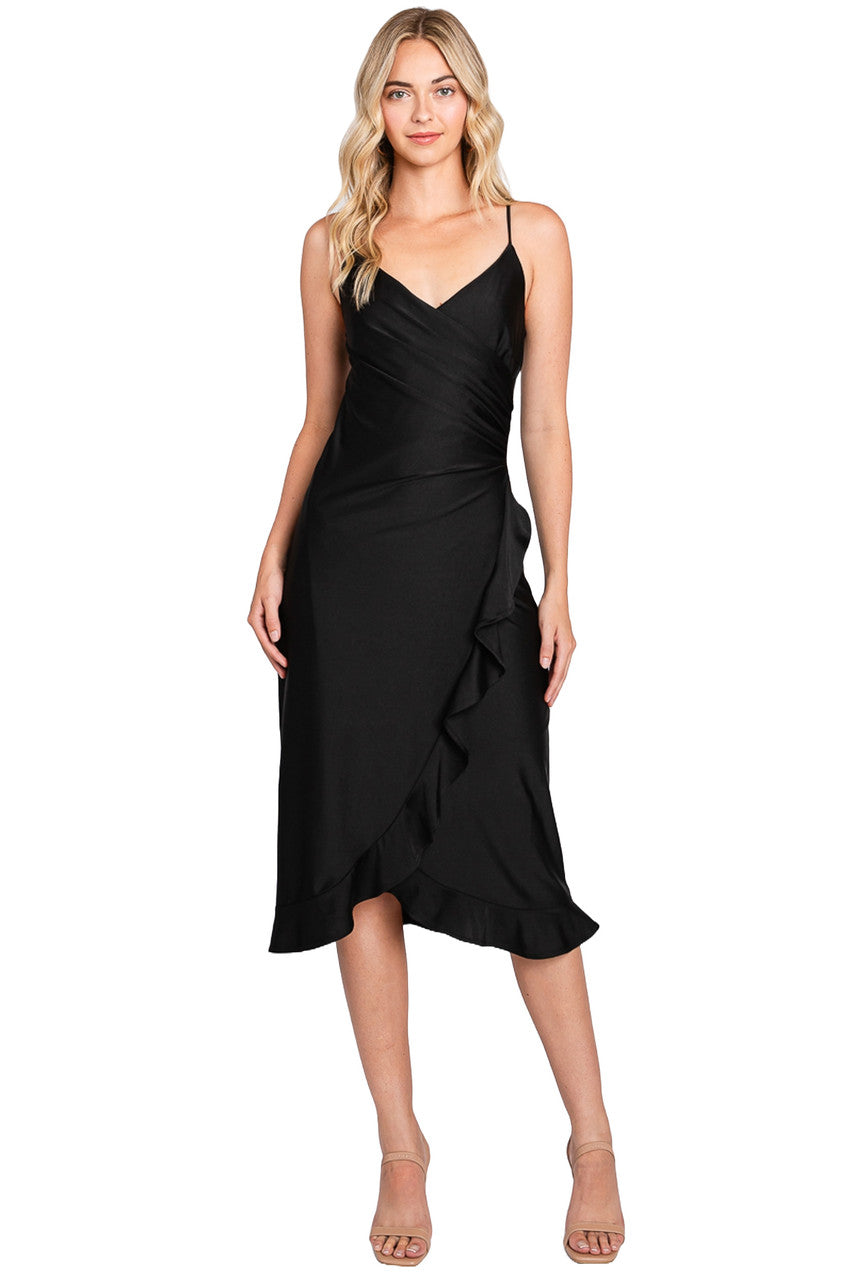 Sleek Fitted Wrap Ruffled Midi Dress with Corset Back by Perrty 3065