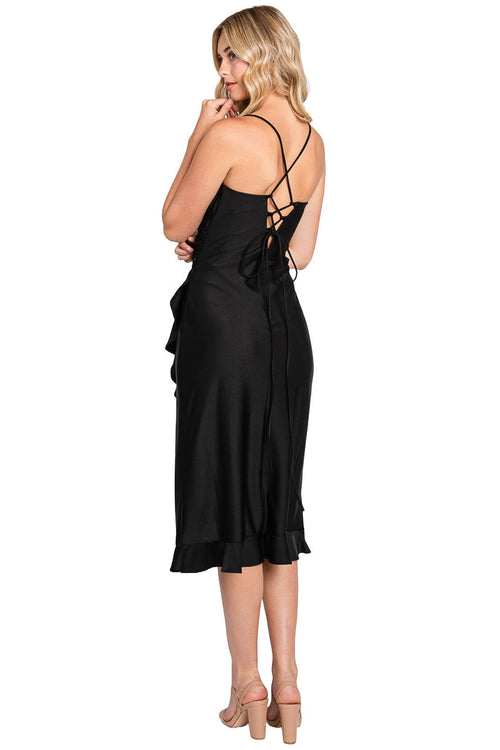 Lenovia 3065 Sleek Fitted Wrap Ruffled Midi Dress with Corset Back