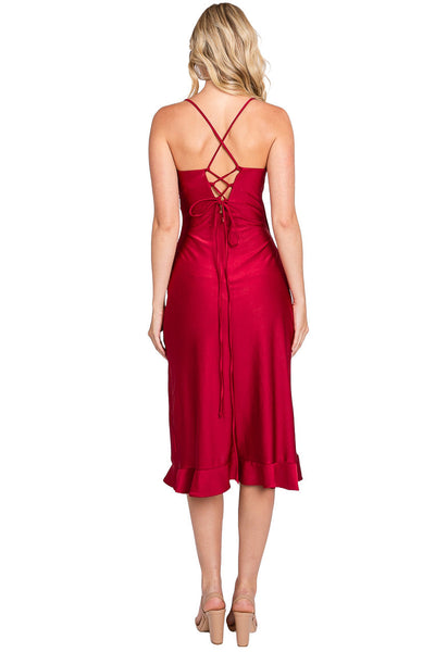 Lenovia 3065 Sleek Fitted Wrap Ruffled Midi Dress with Corset Back