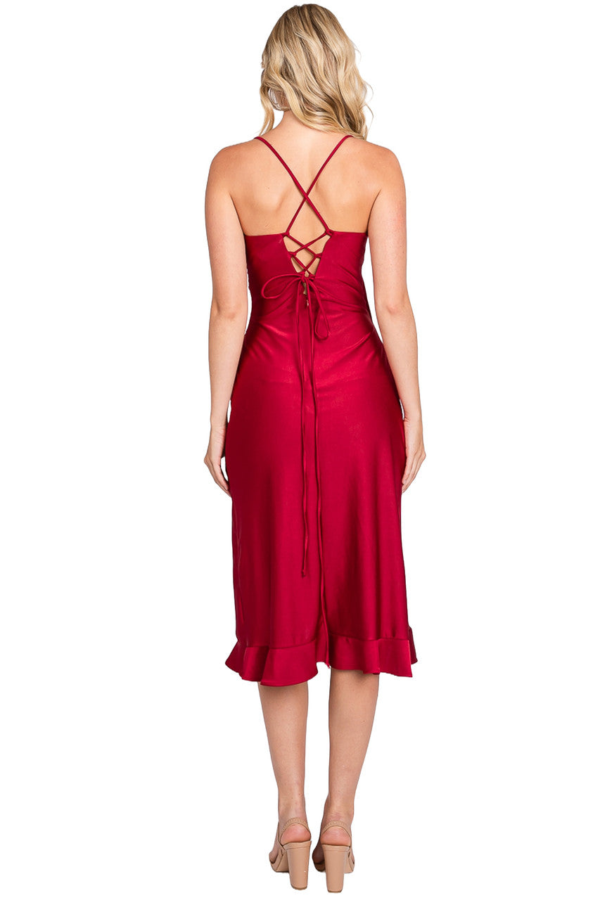 Lenovia 3065 Sleek Fitted Wrap Ruffled Midi Dress with Corset Back